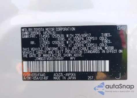 2008 Toyota Rav4 Limited z USA, uszkodzony, nr VIN JTMBD31V085159849